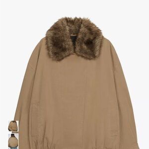 Zara Tan Bomber Jacket with Faux Fur Collar
